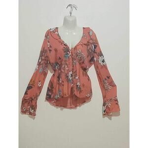 American Rag Cie Stretchy Coral Pink Floral Long Sleeve Blouse Bohemian Size L